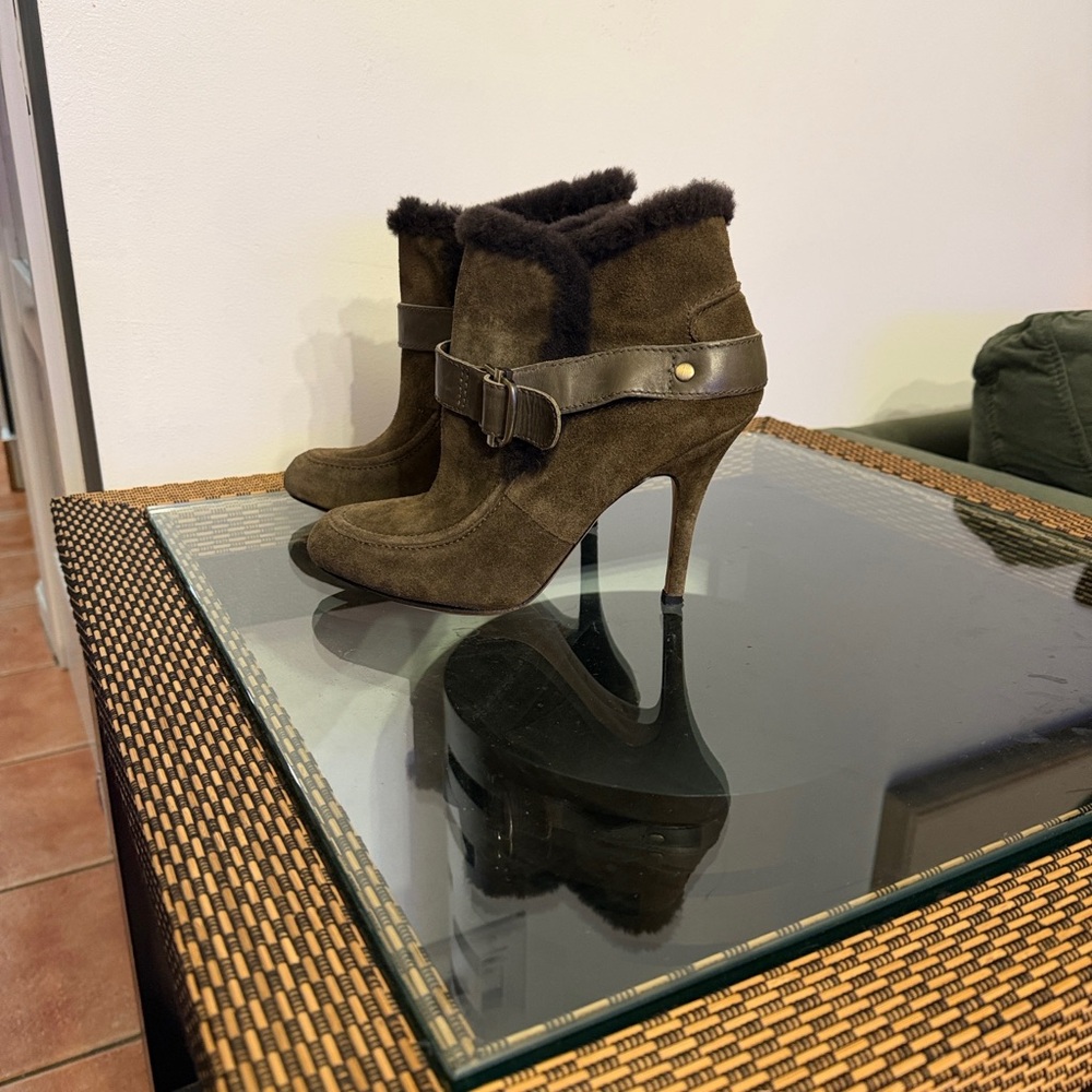 Suede Shearling-Trim Brown Stiletto Ankle Boots